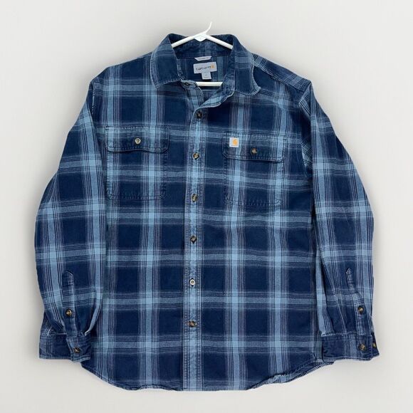 Carhartt Button Up Flannel Shirt Mens Med Blue‎ Plaid Heavyweight Workwear Logo - Picture 1 of 7